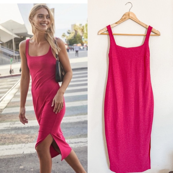 Beyond Yoga Abito Midi Spacedye Inspire In Jersey Morbido, Donna, Scollo A U, Spacco Laterale, UPF 50+, Taglie XS- XL, Colori Darkest Night E Paradise Coral Heather
